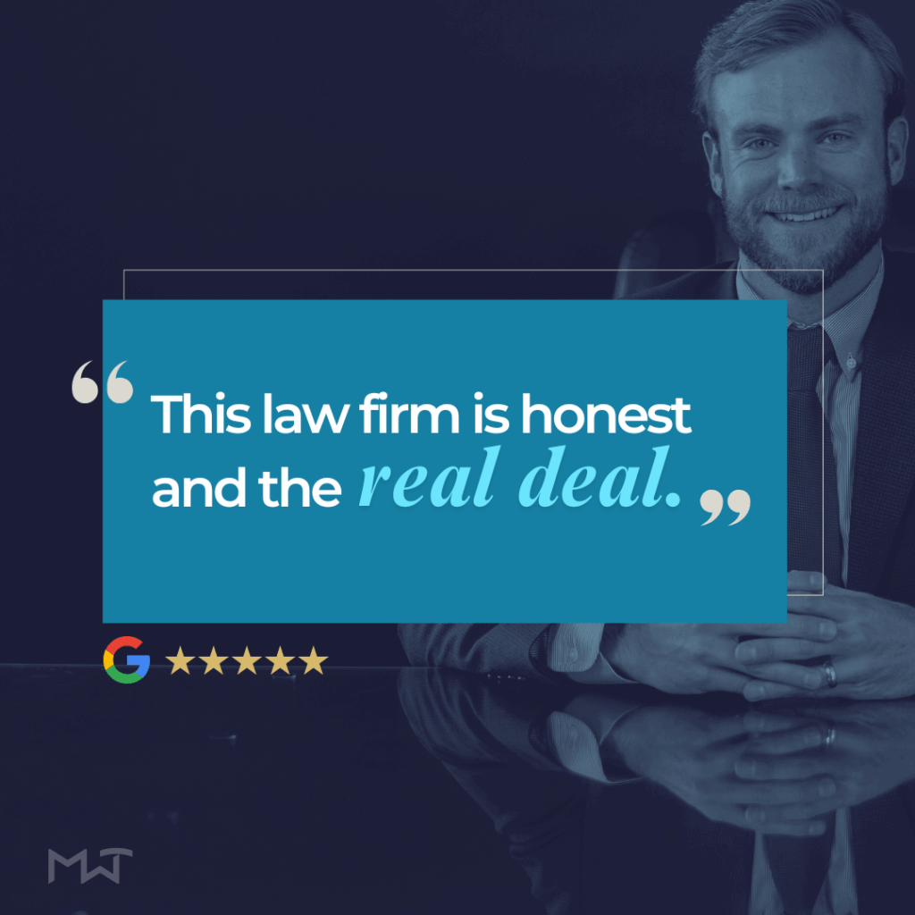 Attorney from Mann Wyatt Tanksley Injury Attorneys with client testimonial quote overlay reading ‘This law firm is honest and the real deal.
