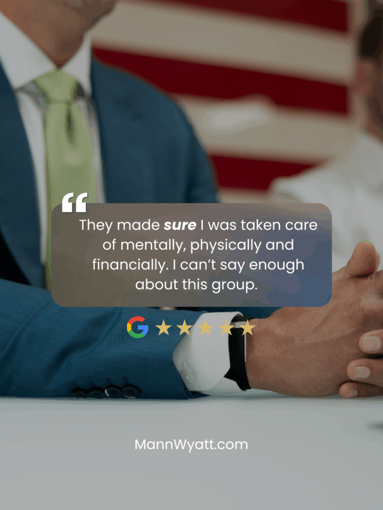 A professional review graphic featuring a client testimonial praising Mann Wyatt Tanksley Injury Attorneys for exceptional care and five-star service.