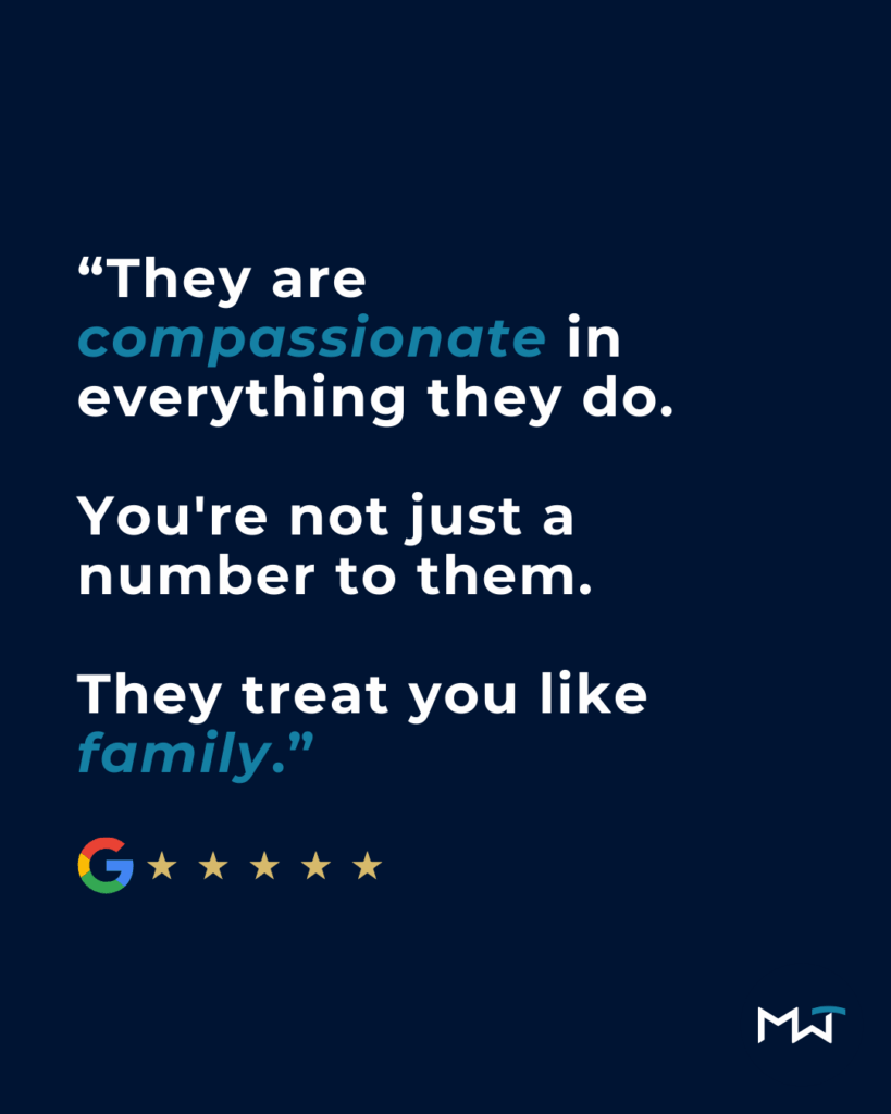 Client testimonial graphic reading &ldquo;They are compassionate in everything they do&hellip; They treat you like family,&rdquo; with a five-star Google review.