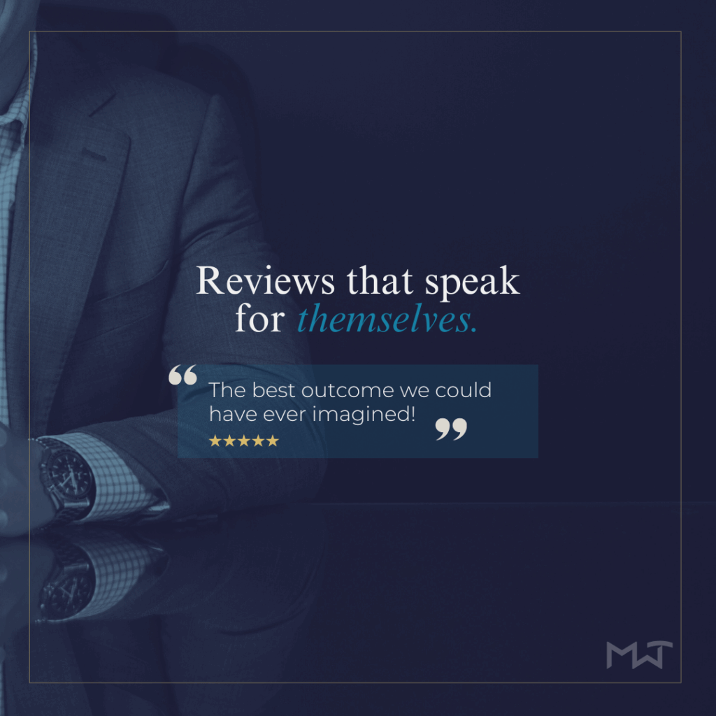 Graphic with text reading &ldquo;Reviews that speak for themselves &ndash; The best outcome we could have ever imagined!&rdquo; showing client satisfaction.