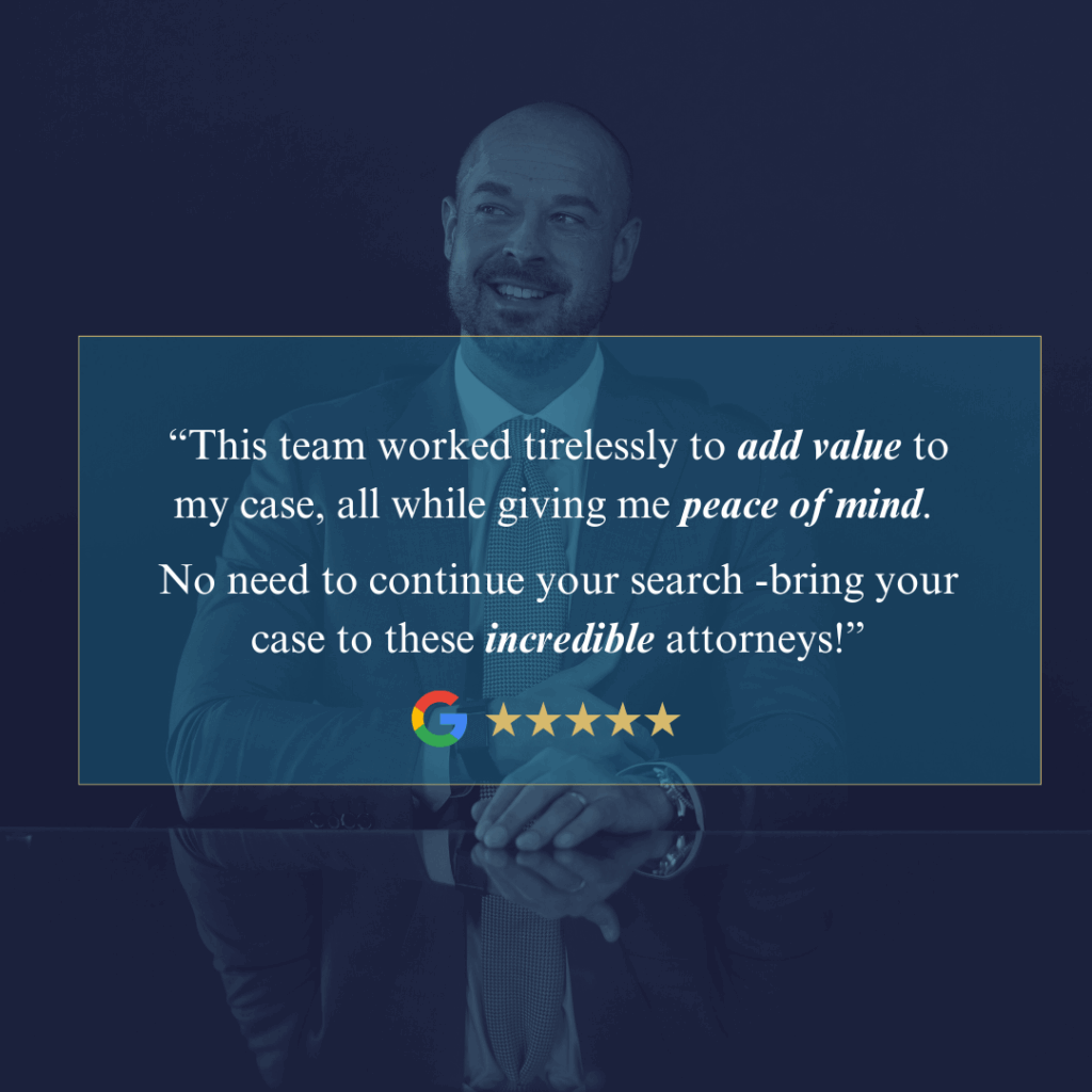 Client testimonial graphic featuring attorney Mike Wyatt smiling, with text praising the legal team for professionalism, value, and peace of mind.